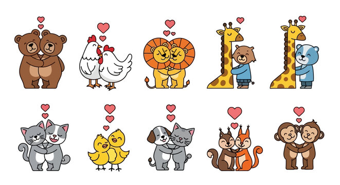 A charming collection of cute cartoon animal couples showing affection and love with tender hugs and hearts
