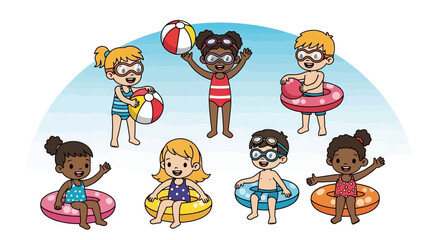 Diverse Group of Happy Children Enjoying a Sunny Day at the Swimming Pool with Beach Balls and Floats