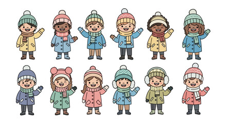 Diverse Children in Winter Clothes Waving Hands