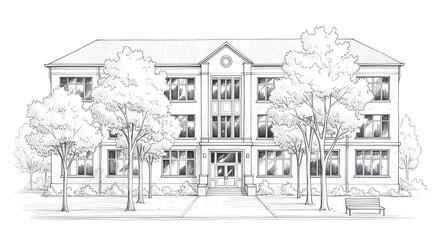 Sketch of a classic twostory school building with surrounding trees