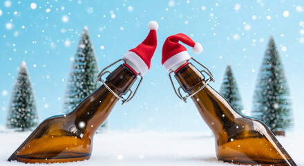 Two beer bottles wearing Santa hats clinking together, symbolizing a cheerful Christmas or holiday celebration. Winter party drink concept.