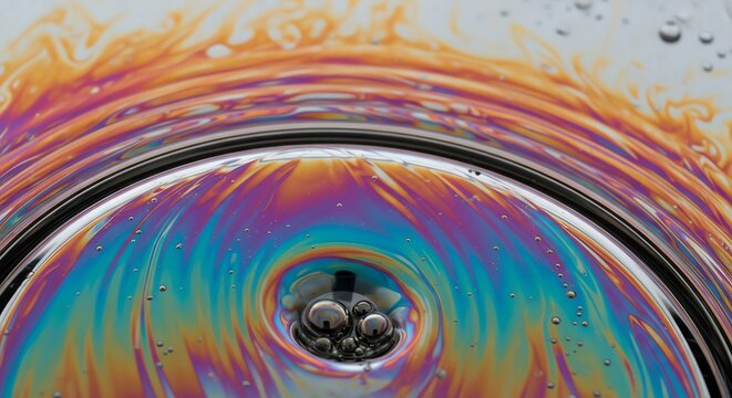 Iridescent soap film pattern around metal drain. - Powered by Adobe