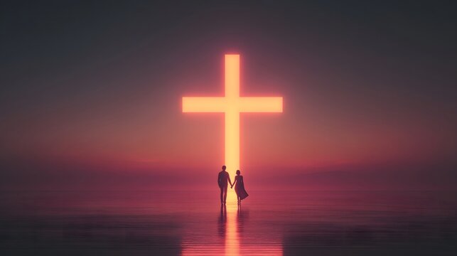 Silhouette of a couple holding hands, walking towards a radiant cross at sunset, reflection in the w