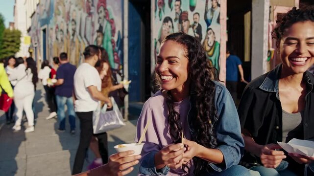 Vibrant street food scene captured at eye level, featuring friends enjoying meals outdoors. Perfect for a lifestyle video showcasing urban dining.