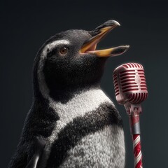 Penguin Sings into Vintage Microphone