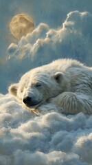 Dreamy Polar Bear Sleeping Amidst Clouds and Moon