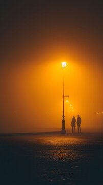Couple Silhouettes in Orange Fog Under Lamppost