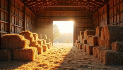 Golden bales of dry hay fill rustic wooden barn interior, bathed in warm sunset light streaming through open doorway. Agricultural storage scene, ready for winter.