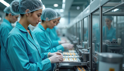 Women in blue clean suits, hairnets, gloves work diligently at pharma factory. Closely inspect medicine pills on modern blister packing line, ensuring precise packaging. Female workers control drug