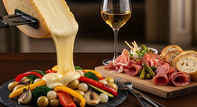 Delectable Cheese Feast: A culinary masterpiece unfolds as melted cheese cascades onto a platter of vibrant vegetables, alongside a curated selection of cured meats, bread and wine.