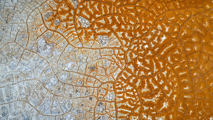 Aerial view of a parched landscape, where the earth's cracked surface reveals a stark contrast between mineral-rich deposits and arid terrain, Ríotinto, Andalusia, Spain.