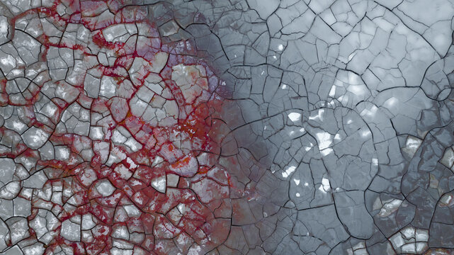Aerial view of cracked earth reveals a striking contrast between blood-red and ashen-grey textures, creating an otherworldly landscape, R&iacute;otinto, Andalusia, Spain.