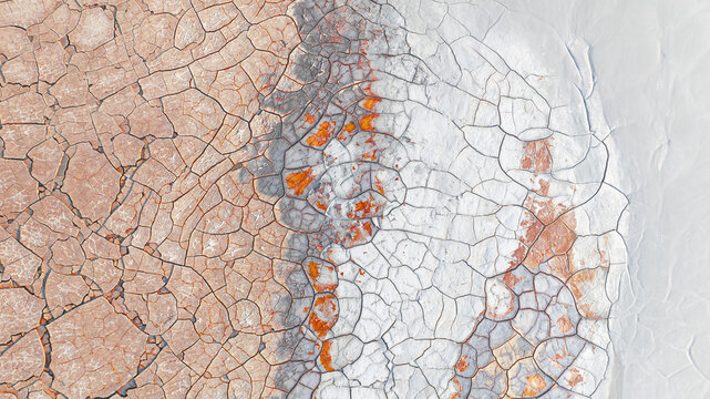 Aerial view of parched earth split by a stark contrast of red and grey, a cracked canvas of arid beauty, Ríotinto, Andalusia, Spain.