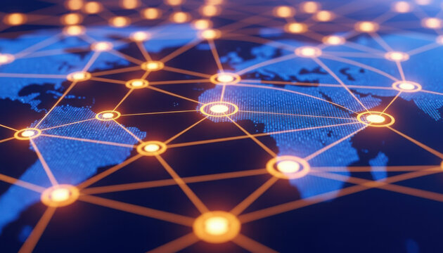 Global digital network on a world map with glowing interconnected lines and nodes