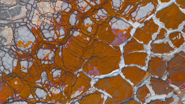 Aerial view of earth's cracked canvas, where burnt sienna fissures trace paths across a pale expanse, creating a mosaic of contrasting textures and tones, R&iacute;otinto, Andalusia, Spain.
