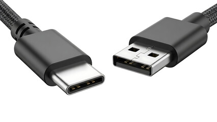 Close-up view of a black braided USB-C to USB-A charging and data transfer cable with metallic connectors on a white background.