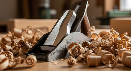 Classic woodworking hand plane rests on a wooden workbench surrounded by fresh golden wood shavings representing skilled carpentry craft