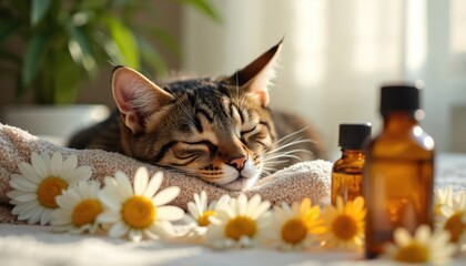 Tabby cat sleeps peacefully on plush towel with chamomile flowers and amber bottles nearby. Sunlight warms the serene domestic animal in a quiet, restful atmosphere. Natural wellness concept.