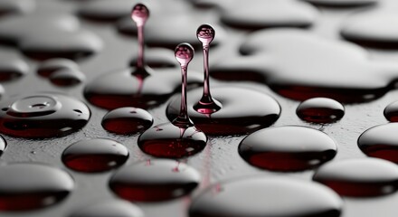 Macro red liquid droplets splashing on reflective surface.