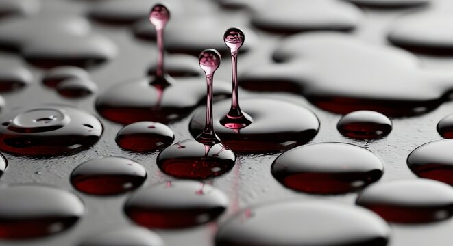 Macro red liquid droplets splashing on reflective surface.