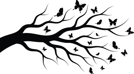 Silhouette tree branch with flying butterflies, nature transformation concept, whimsical wildlife art, black vector illustration for decorative design themes