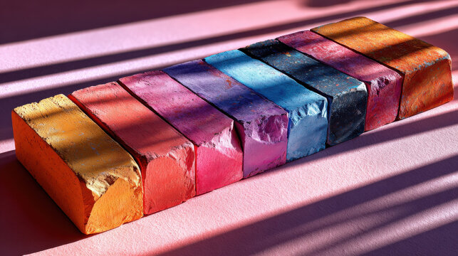 Colorful chalk pieces arranged in row create vibrant display, perfect for solo art therapy session that inspires creativity and expression