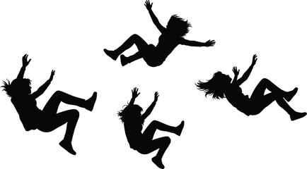 Silhouette of falling person in motion, dramatic tumbling pose, chaotic descent, expressive human figure, emotional impact, isolated on white background