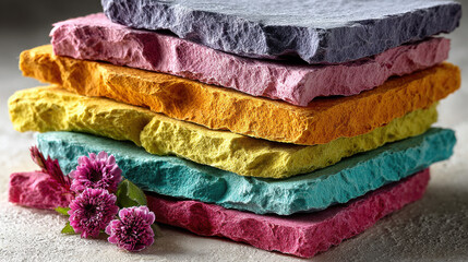 Colorful textured paper stacked with vibrant flowers creates beautiful scene perfect for solo art therapy session