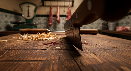 Large heavy steel meat cleaver embedded in a rustic wooden butcher block with blood and wood shavings old-fashioned preparation scene