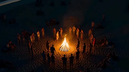 Bonfire night at beach celebration group of people around warm fire enjoying evening on sandy shore filmed in cinematic shot
