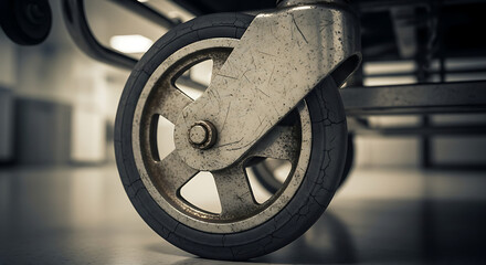 Detail of a dirty aged rubber and metal caster wheel from a medical gurney in a hospital corridor essential for healthcare