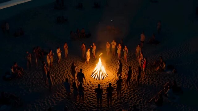 Bonfire night at beach celebration group of people around warm fire enjoying evening on sandy shore filmed in cinematic shot - Powered by Adobe