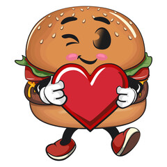 cute burger mascot charactert hold the heart with love, happy cartoon burger vector illustration, work of hand drawn