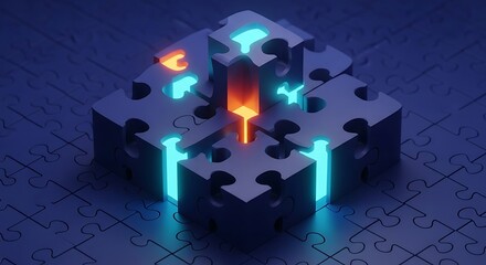 Geometric puzzle piece formation emitting radiant light in a connected scene