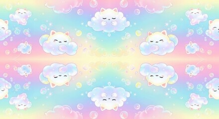 Obraz premium Whimsical pastel dreamscape featuring adorable sleepy cloud characters with unicorn horns and