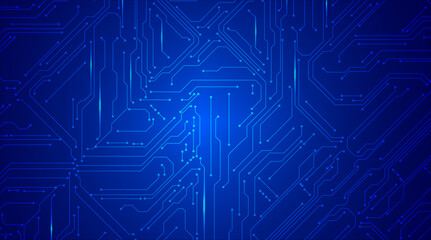 Technology Circuit Board Title Background. Blue technology backdrop with glowing circuit board elements and modern text header.