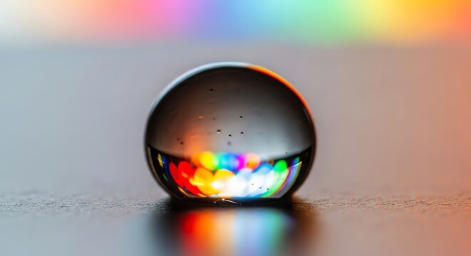 Macro water droplet with rainbow refraction on dark surface.