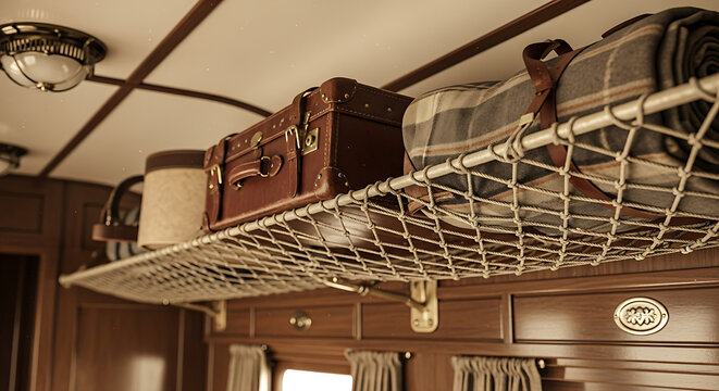Classic vintage train interior overhead luggage rack with old-fashioned suitcases and blankets for luxurious retro travel journey