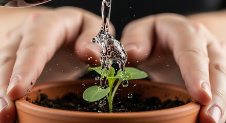 Hands watering small plant sapling in flower pot growing new life