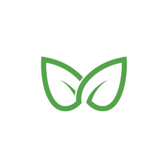 Two simple green leaves with a clean outline design on a white background, symbolizing nature, growth, and eco-friendliness.