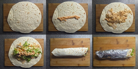This collage illustrates the six sequential steps required to prepare a fresh chicken wrap, from starting with a plain tortilla to the final product wrapped in protective aluminum foil.