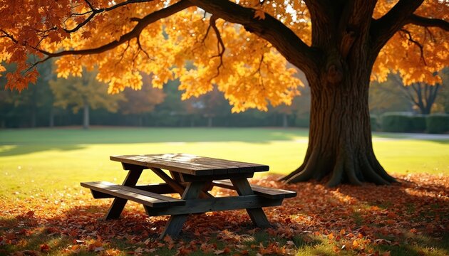 Weathered park picnic table rests under golden autumn tree foliage with fallen leaves carpeting ground. Sunlight illuminates grassy park lawn with peaceful shadows creating serene outdoor scene.