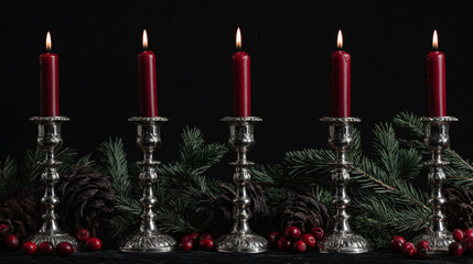 Festive Christmas candles in antique silver holders with seasonal decorations