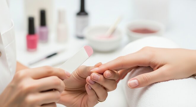 Manicurist holding client hand during professional nail care session. - Powered by Adobe