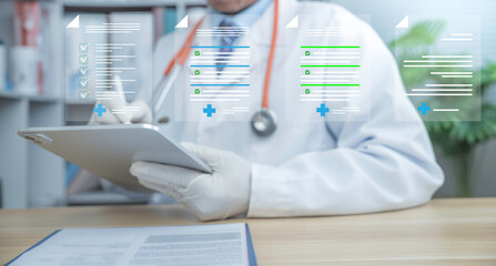 Doctor in gloves using digital tablet with floating medical checklists, healthcare forms, approval icons, and data interface, representing modern digital health records