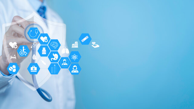 Doctor hand using stethoscope with medical icons on blue background, modern healthcare technology interface, digital hospital concept with clean layout and space for text.
- Powered by Adobe