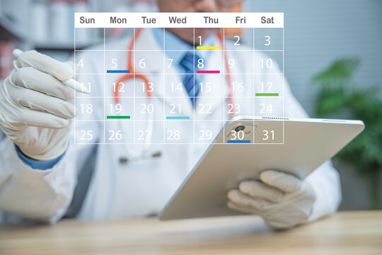 Medical schedule calendar overlay with doctor holding tablet and wearing gloves, healthcare planning interface, appointment management concept with clean layout and space for text.
