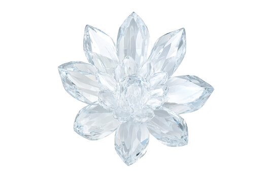 A beautifully crafted crystal flower sculpture featuring intricate petal designs. reflecting light with elegance. set against a clean white background. ideal for home decor and artistic displays