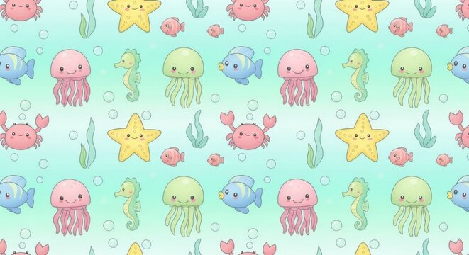Adorable Underwater Sea Creature Pattern with Vibrant Jellyfish, Starfish, Seahorses, and Small