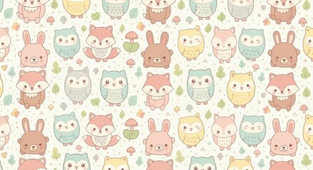 Adorable Cute Forest Animal Cartoon Pattern with Bunny, Fox, Owl, and Mushroom Details